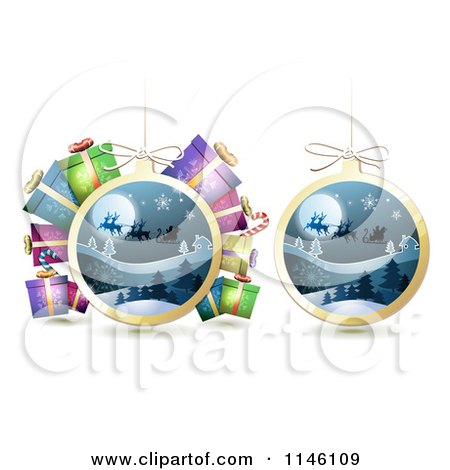 Clipart of Christmas Baubles of Santas Sleigh Flying with Gifts - Royalty Free Vector Illustration by merlinul