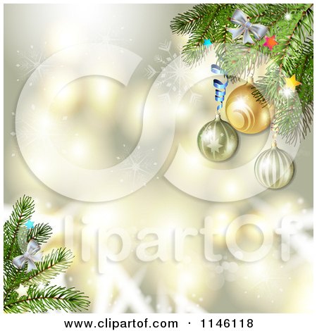 Clipart of a Bokeh Sparkle Background with Christmas Baubles Snowflakes and Branches 1 - Royalty Free Vector Illustration by merlinul