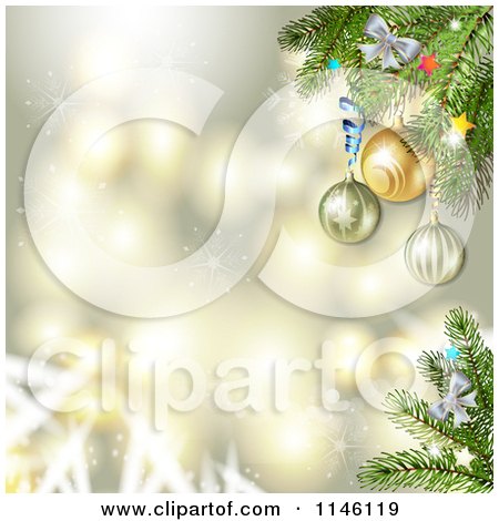 Clipart of a Bokeh Sparkle Background with Christmas Baubles Snowflakes and Branches 2 - Royalty Free Vector Illustration by merlinul