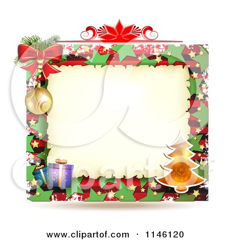 Clipart of a Christmas Frame with Gifts Poinsettia a Tree and Bells - Royalty Free Vector Illustration by merlinul