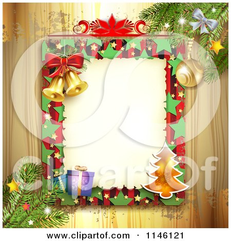 Clipart of a Christmas Frame with Gifts Poinsettia a Tree and Bells over Grungy Gold and Wood - Royalty Free Vector Illustration by merlinul