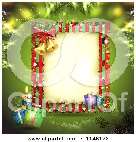 Clipart of a Green Christmas Frame with Gifts Bells and a Candle - Royalty Free Vector Illustration by merlinul