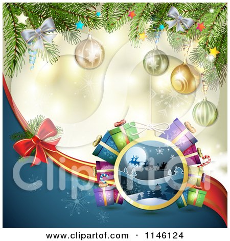 Clipart of a Bokeh Snowflake Sparkle Background with Christmas Branches Baubles a Bow and Santa - Royalty Free Vector Illustration by merlinul