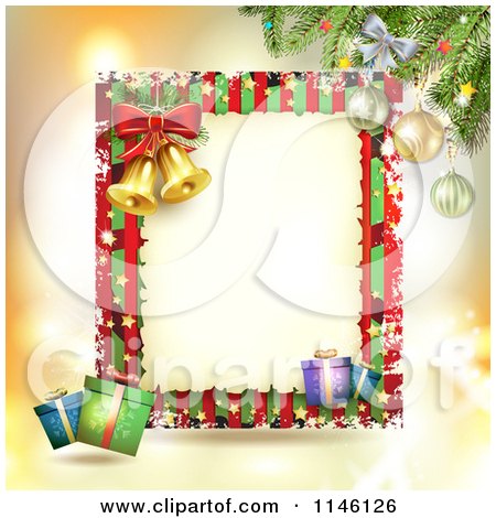 Clipart of a Christmas Frame with Gifts and Bells - Royalty Free Vector Illustration by merlinul