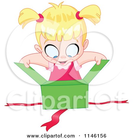 Cartoon of a Happy Blond Birthday Girl Peering into a Gift Box - Royalty Free Vector Clipart by yayayoyo