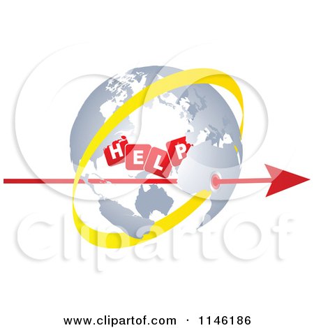 Clipart of a Globe with a Yellow Ring Red Arrow and Help Cubes - Royalty Free CGI Illustration by Andrei Marincas