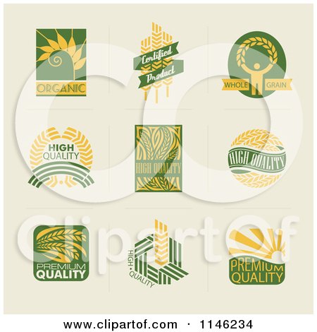 Clipart of Green and Yellow Quality Natural and Organic Wheat Designs - Royalty Free Vector Illustration by elena