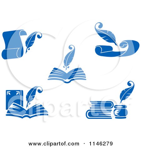 Clipart of a Blue Quill Pens Books and Letters - Royalty Free Vector Illustration by Vector Tradition SM