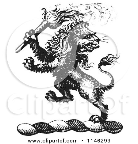 Clipart of a Black and White Vintage Lion Crest with a Torch - Royalty Free Vector Illustration by Picsburg