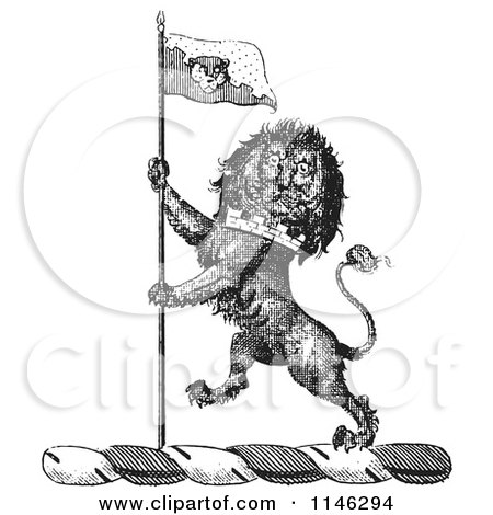 Clipart of a Black and White Vintage Lion Crest with a Flag - Royalty Free Vector Illustration by Picsburg