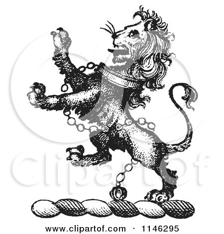 Clipart of a Black and White Vintage Lion Crest with a Collar and Chains - Royalty Free Vector Illustration by Picsburg