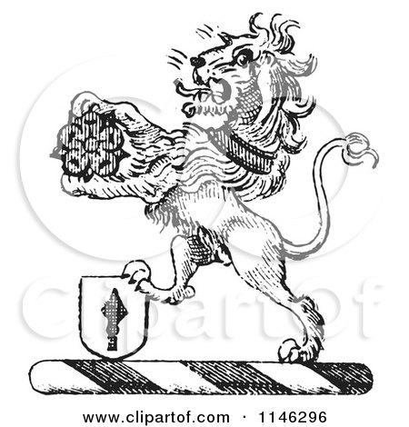 Clipart of a Black and White Vintage Lion Crest with a Flower and Shield - Royalty Free Vector Illustration by Picsburg