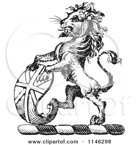 Clipart of a Black and White Vintage Lion Crest with a Curved Shield - Royalty Free Vector Illustration by Picsburg
