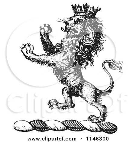 Clipart of a Black and White Vintage Lion Crest with a Crown - Royalty Free Vector Illustration by Picsburg