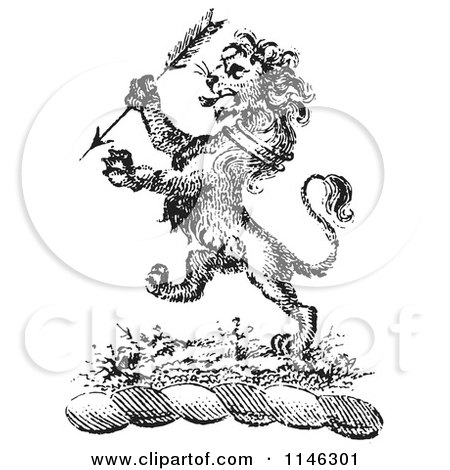 Clipart of a Black and White Vintage Lion Crest with an Arrow - Royalty Free Vector Illustration by Picsburg