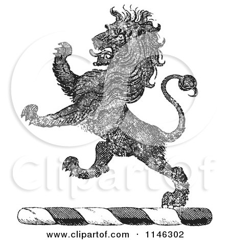 Clipart of a Black and White Vintage Textured Lion Crest - Royalty Free Vector Illustration by Picsburg