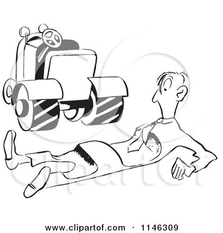Cartoon of a Black and White Man Flattened by a Roller Machine - Royalty Free Vector Clipart by Picsburg