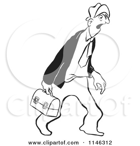 Cartoon of a Black and White Tired Businessman Carrying a Lunch Box - Royalty Free Vector Clipart by Picsburg