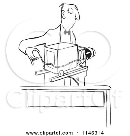 Cartoon of a Black and White Photographer and Camera - Royalty Free Vector Clipart by Picsburg