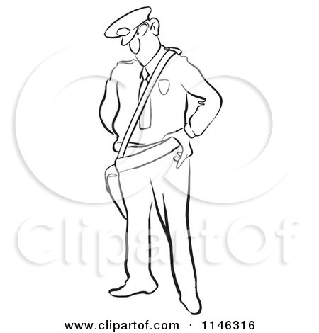 Cartoon of a Black and White Police Man Looking Stern - Royalty Free Vector Clipart by Picsburg