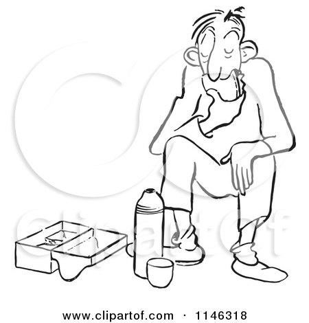 Cartoon of a Black and White Bored Man Eating His Lunch - Royalty Free Vector Clipart by Picsburg