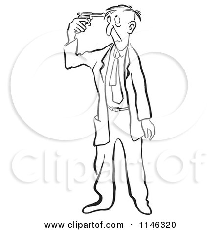 Cartoon of a Black and White Businessman Holding a Gun to His Head - Royalty Free Vector Clipart by Picsburg