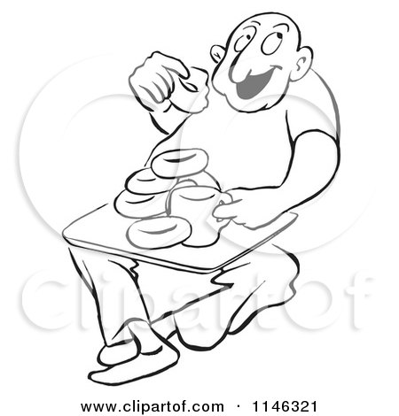 Cartoon of a Black and White Man Eating Coffee and Donuts - Royalty Free Vector Clipart by Picsburg