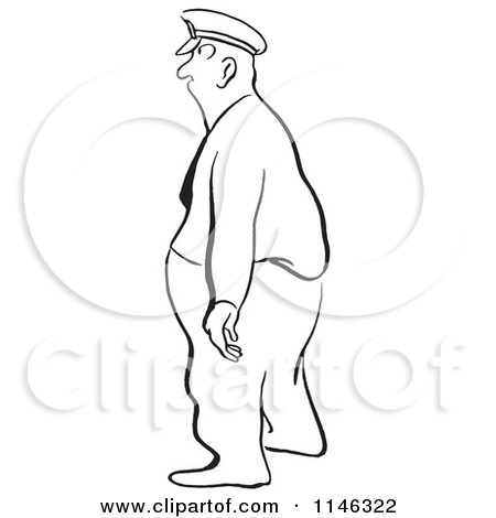Cartoon of a Black and White Police Man or Guard Facing Left - Royalty Free Vector Clipart by Picsburg