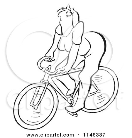 Cartoon of a Black and White Grumpy Woman Riding a Bike - Royalty Free Vector Clipart by Picsburg