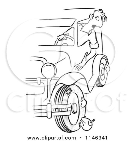 Cartoon of a Black and White Man Hanging out His Car Window to Find Blown out Tires - Royalty Free Vector Clipart by Picsburg