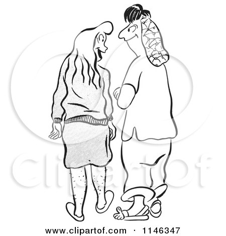 Cartoon of Black and White Frumpy Women Smiling and Chatting - Royalty Free Vector Clipart by Picsburg