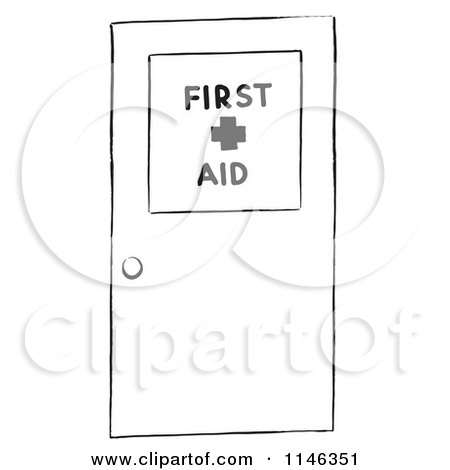 Cartoon of a Black and White First Aid Door - Royalty Free Vector Clipart by Picsburg