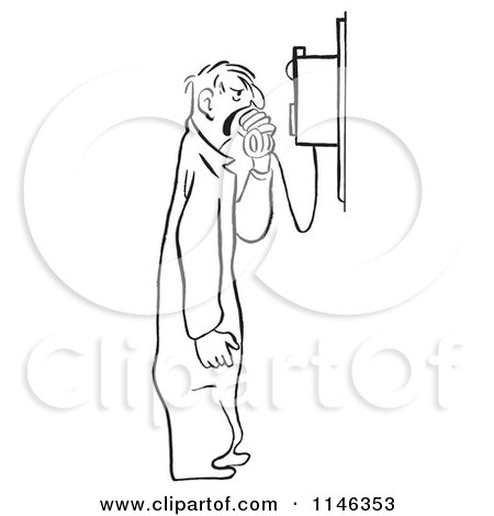 Cartoon of a Black and White Mechanic Shouting into a Phone - Royalty Free Vector Clipart by Picsburg