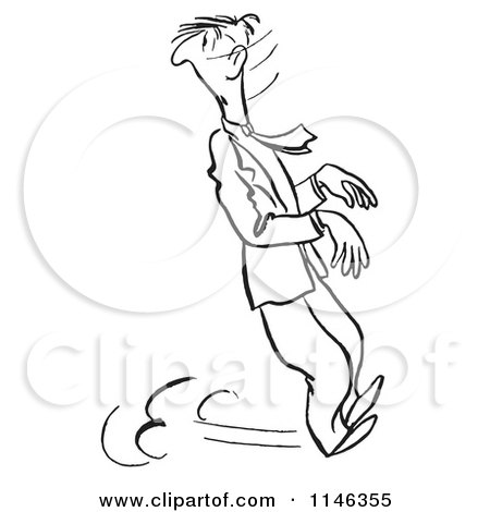 Cartoon of a Black and White Business Man Skidding to a Halt and Looking Back - Royalty Free Vector Clipart by Picsburg