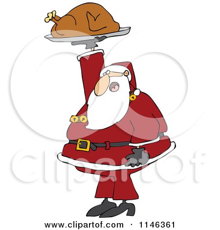 Cartoon of Santa Holding up a Roasted Turkey - Royalty Free Vector Clipart by djart