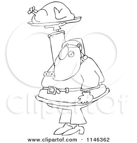 Cartoon of an Outlined Santa Holding up a Roasted Turkey - Royalty Free Vector Clipart by djart