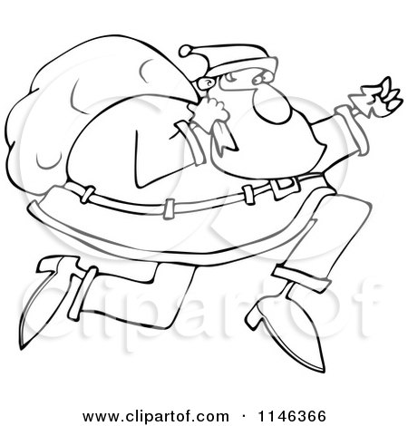 Cartoon of an Outlined Santa Running with His Bag - Royalty Free Vector Clipart by djart