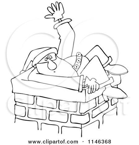 Cartoon of an Outlined Santa Stuck in a Chimney and Waving for Help| Royalty Free Vector Clipart by djart