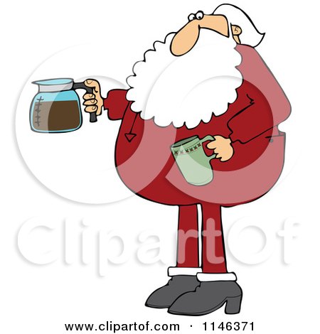 Cartoon of Santa in His Pajamas Holding a Coffee Cup and Pot - Royalty Free Vector Clipart by djart