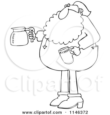 Cartoon of an Outlined Santa in His Pajamas Holding a Coffee Cup and Pot - Royalty Free Vector Clipart by djart