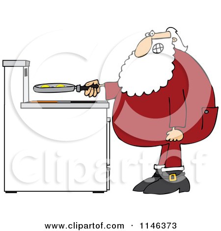 Cartoon of Santa in His Pajamas Frying Eggs for Breakfast - Royalty Free Vector Clipart by djart