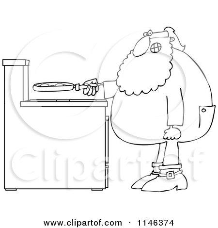 Cartoon of an Outlined Santa in His Pajamas Frying Eggs for Breakfast - Royalty Free Vector Clipart by djart