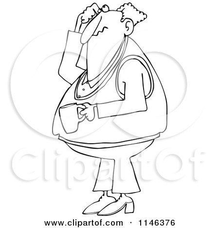 Cartoon of an Outlined Man Holding Coffee Scratching His Head and Looking up - Royalty Free Vector Clipart by djart