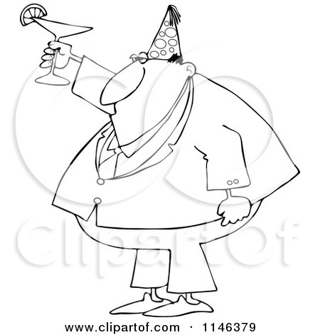 Cartoon of an Outlined Businessman Wearing a Party Hat and Toasting - Royalty Free Vector Clipart by djart