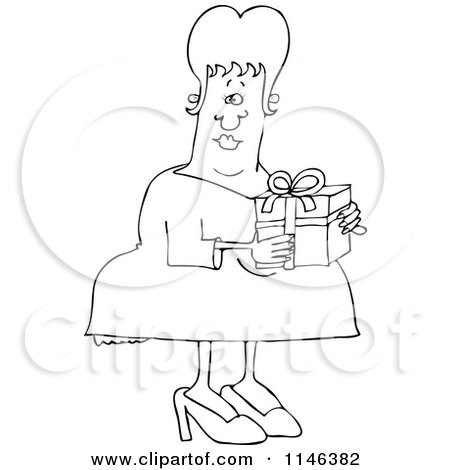 Cartoon of an Outlined Woman Carring a Gift Box - Royalty Free Vector Clipart by djart