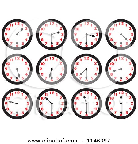 Cartoon of Wall Clocks on the Half Hours - Royalty Free Vector Clipart by Johnny Sajem