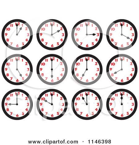 Cartoon of Wall Clocks on the Hours - Royalty Free Vector Clipart by Johnny Sajem