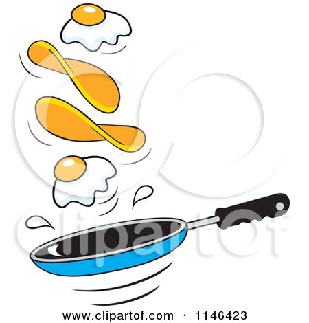 Cartoon of Eggs and Pancakes Flipping over a Frying Pan - Royalty Free Vector Clipart by Johnny Sajem