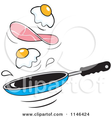 Cartoon of Eggs and Ham Flipping over a Frying Pan - Royalty Free Vector Clipart by Johnny Sajem