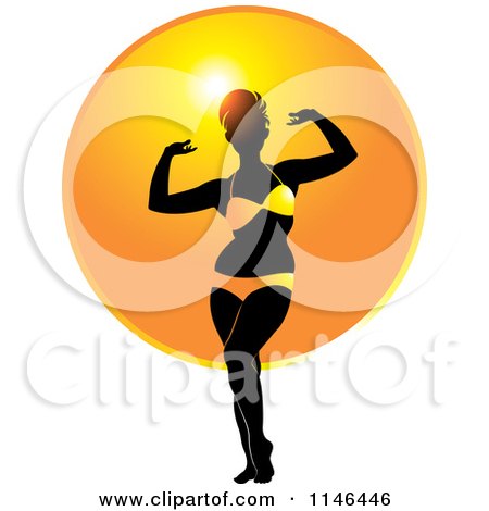 Clipart of a Proud Woman Flaunting Her Bikini over an Orange Circle - Royalty Free Vector Illustration by Lal Perera